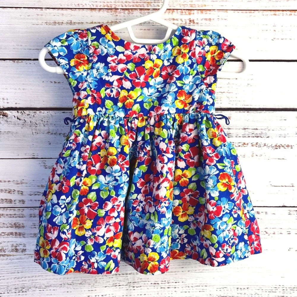 Ralph Lauren Bright Floral‎ Baby Dress 3M Blue Multi 100% Cotton Preppy Garden